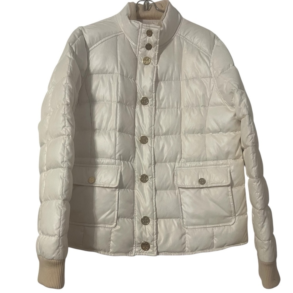 Tory Burch Quilted Puffer Jacket Large Snap Button in Cream Sz L Slim Fit Chic